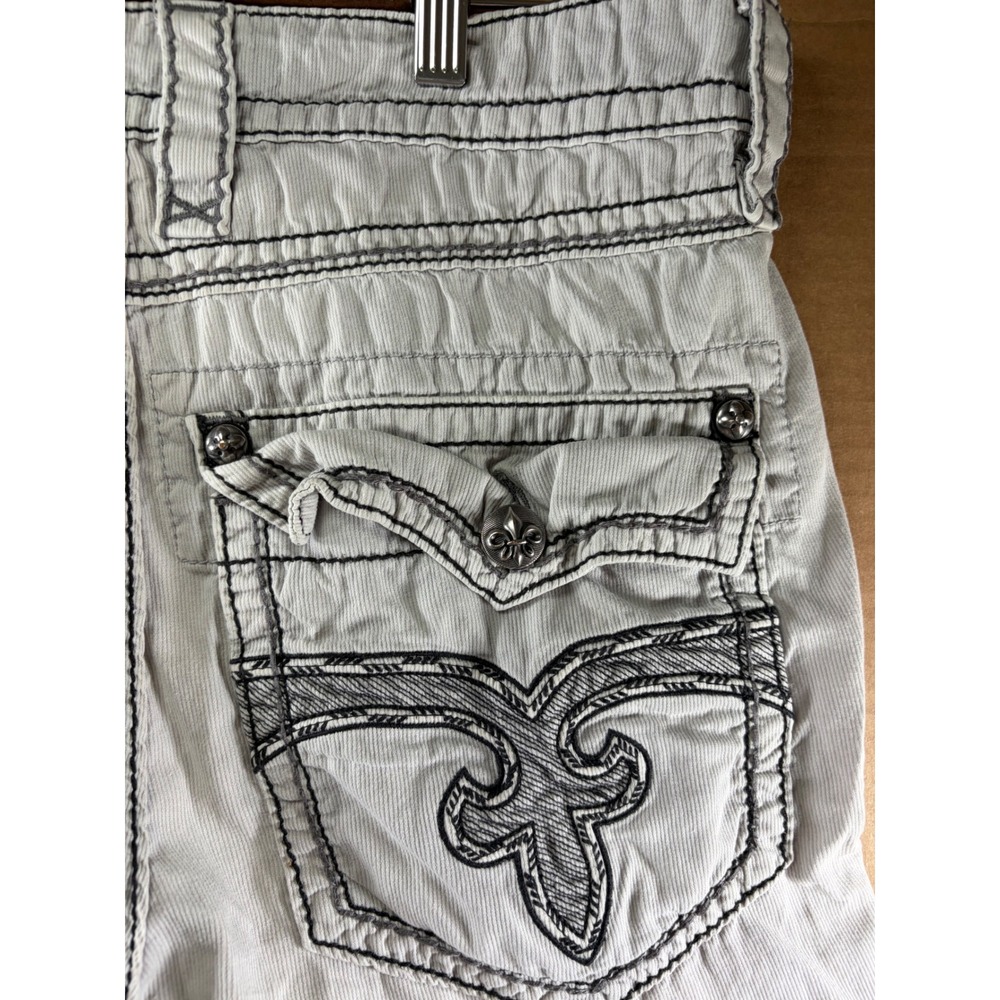 Rock Revival Corduroy Shorts Mens 32 Light Grey Slim Fit Heavy Stit Fleur-De-Lis - Picture 8 of 12